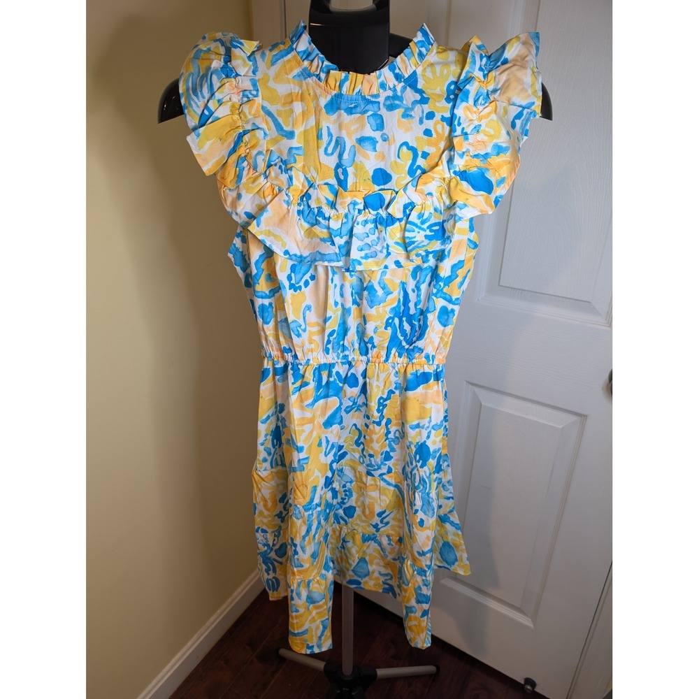 Umgee Dress Womens Small Blue Yellow Abstract Floral Ruffle Flutter Sleeve NWT